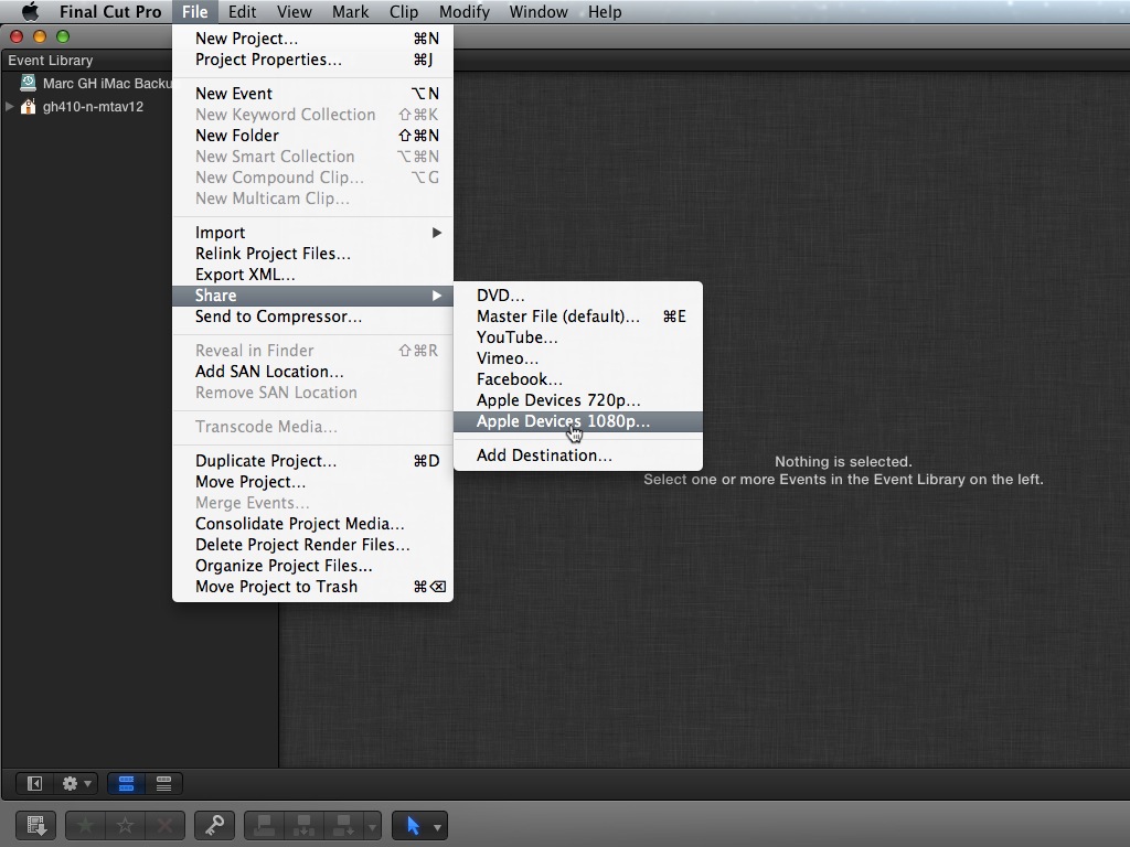 Screen shot of Final Cut Pro X showing the selection of the share menu from the main file menu.