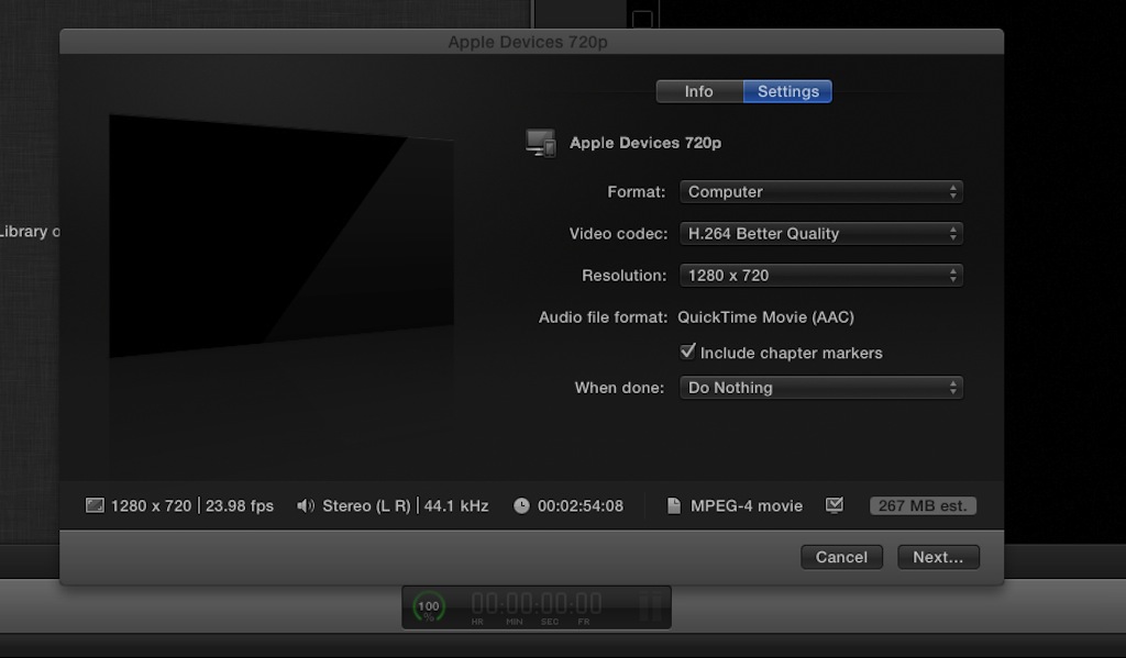screen grab of final cut pro share settings for 720p Apple Devices preset.