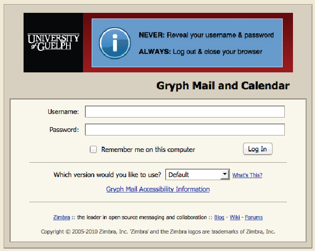 Screen grabbed image of Gryph Mail login box asking for username and password