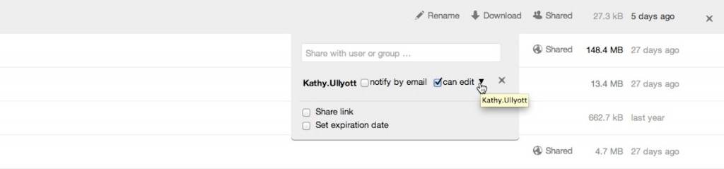 screen shot of drop down arrow in sharing dialogue box allowing users to select various sharing permissions.