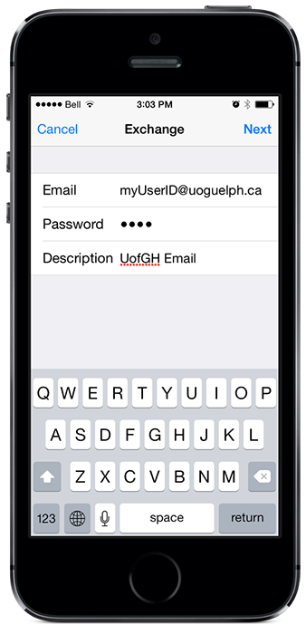 A picture of the Exchange Email settings screen on the iPhone