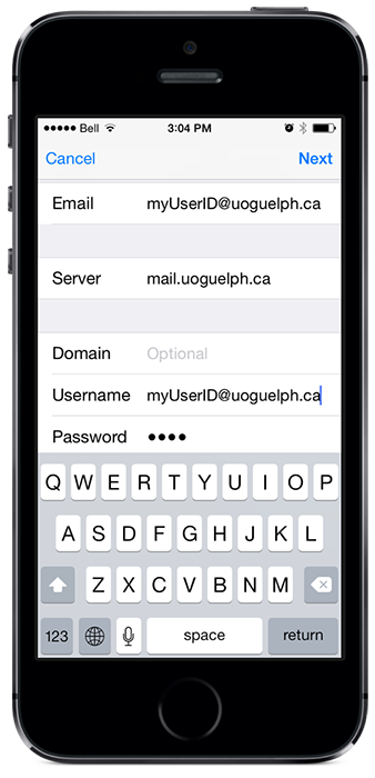 A picture of the Exchange Server settings screen on the iPhone