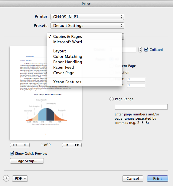 A pull-down menu on the dialog box showing Xerox printer features for Macintosh users
