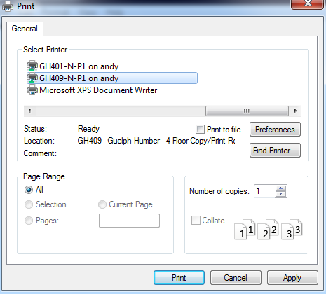 A printer dialog box showing the available printers