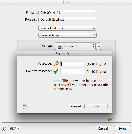 A dialog box showing how to access Xerox secure print features