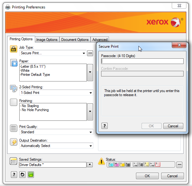 A dialog box showing how to access the secure print option