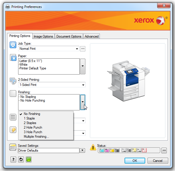 A dialog box showing how to access the advanced Xerox printing features 