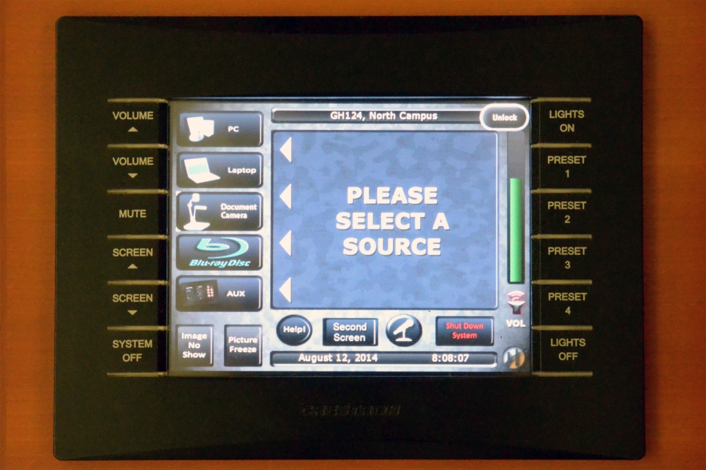 Closeup view of the touch panel showing input selection screen.