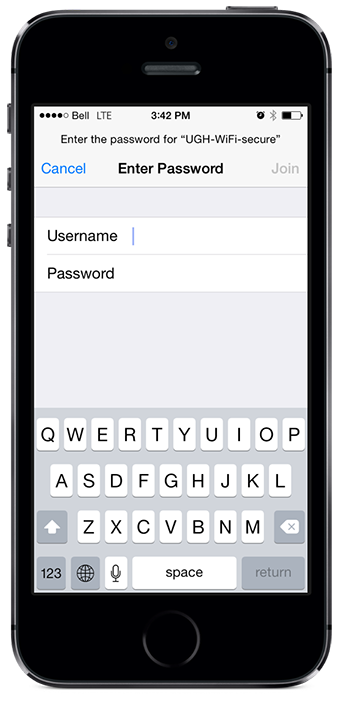 Image of iPhone with username and password fields shown