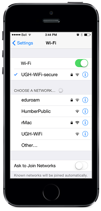 Image of iPhone showing the UGH-WiFi-secure network SSID selected