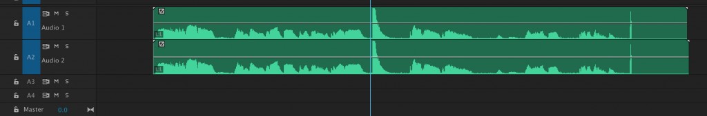 screen grab of a audio editing timeline that shows audio waveform with a large audio spike