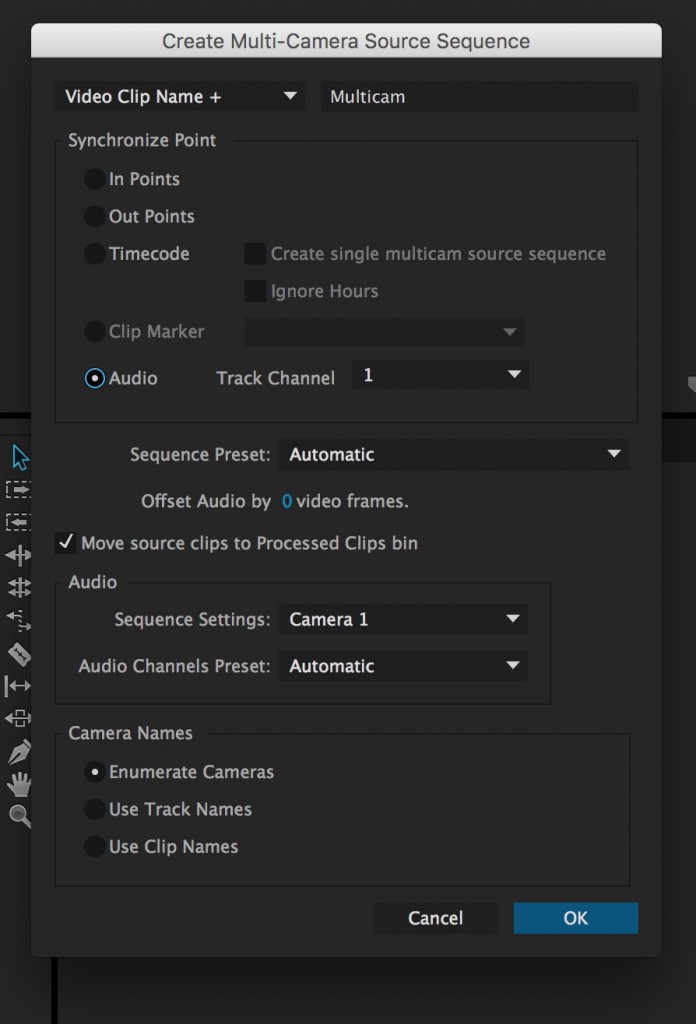 Screen Grab of Options that Appear in Premiere Pro for Creating Multi-Camera Sequence