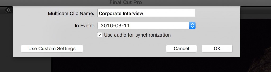 Screen grab of Final Cut Pro Popup Box with a name field and selection box.