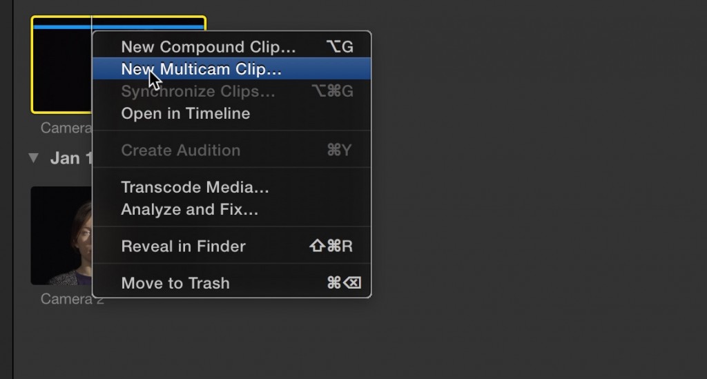 Screen grab of final cut pro x dialogue box showing text options with New Multicam Clip selected.