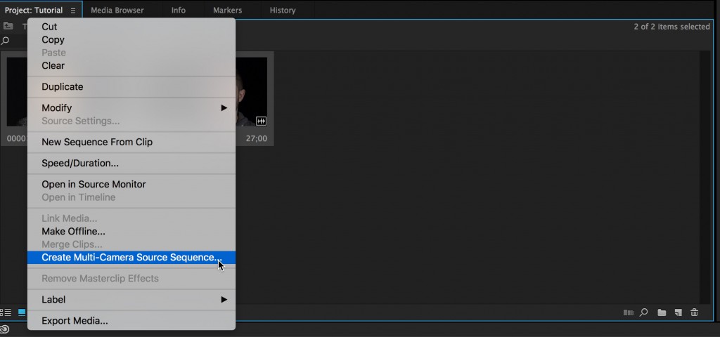 Screen Grab of Right Click Menu from Adobe Premiere Pro with "Create Multi-Camera Source Sequence" selected